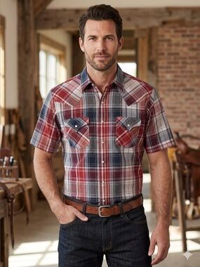 Plains Western Wear Mens M Plaid Pearl Snap Western Shirt Red Blue Gray Cowboy